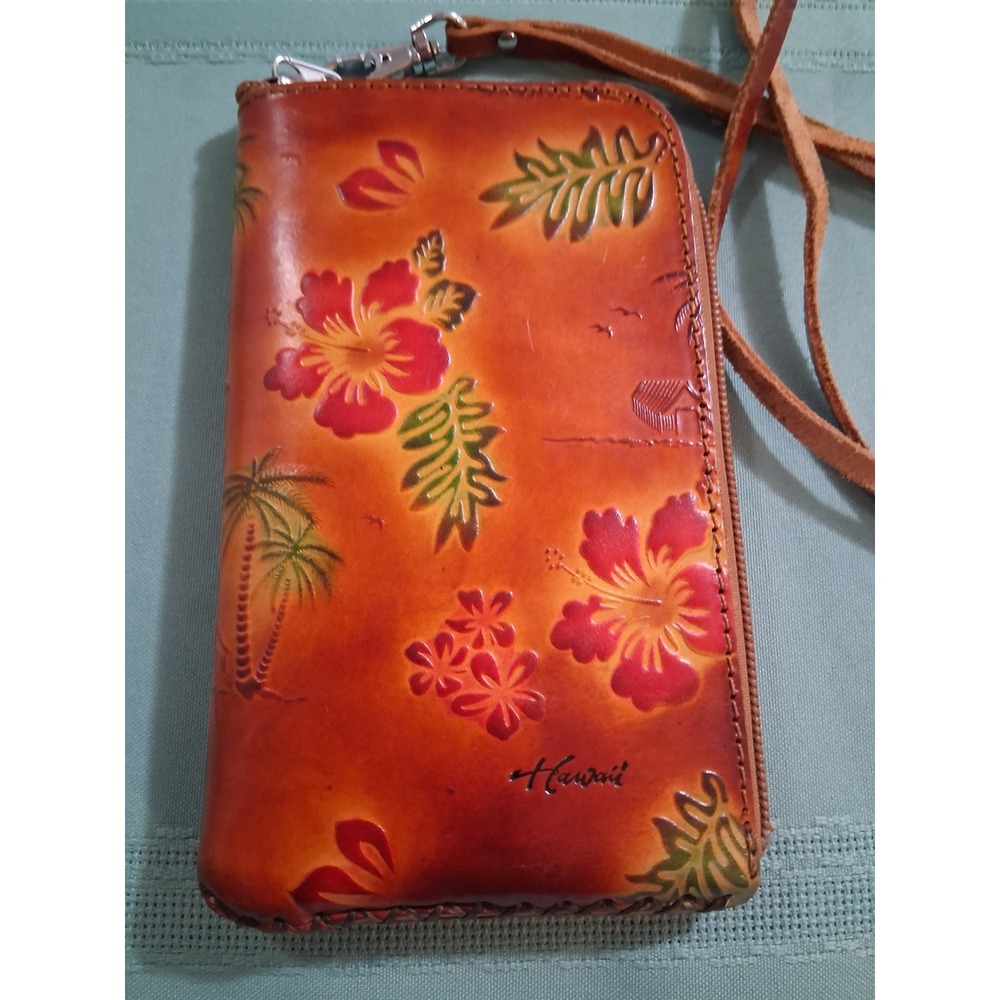 Hawaii Hand Tooled Leather Crossbody Wallet Hibiscus Palm Tree Cognac Orange